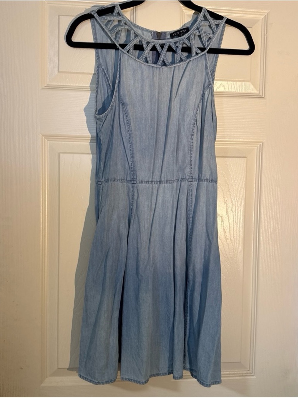 As U Wish Light Wash Chambray Dress with Lattice Yoke Medium